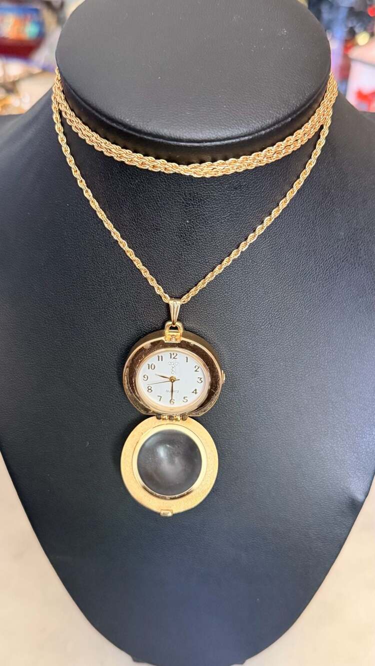 Vintage Avon Gold Tone Rhinestone Locket Watch Necklace with Crucifix Cross Dial